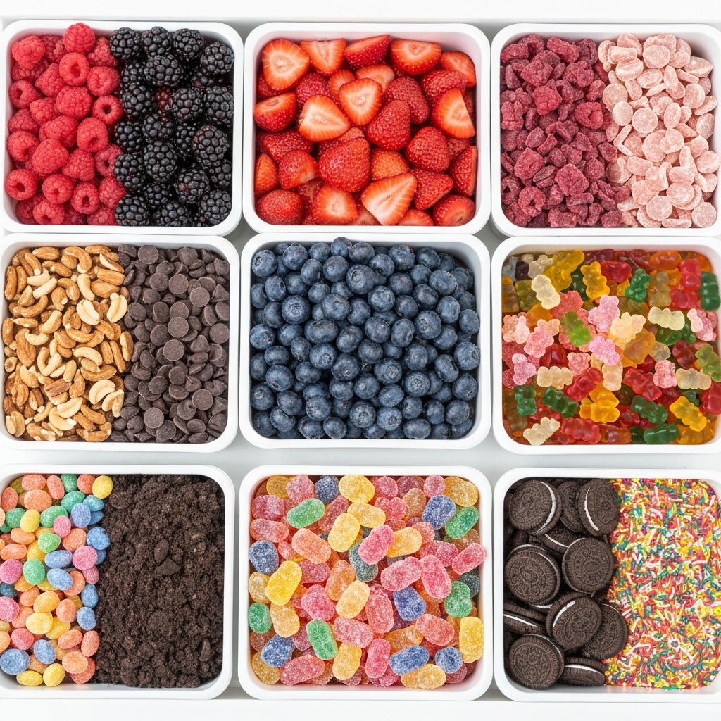 Colorful toppings bar with fresh fruits and candies