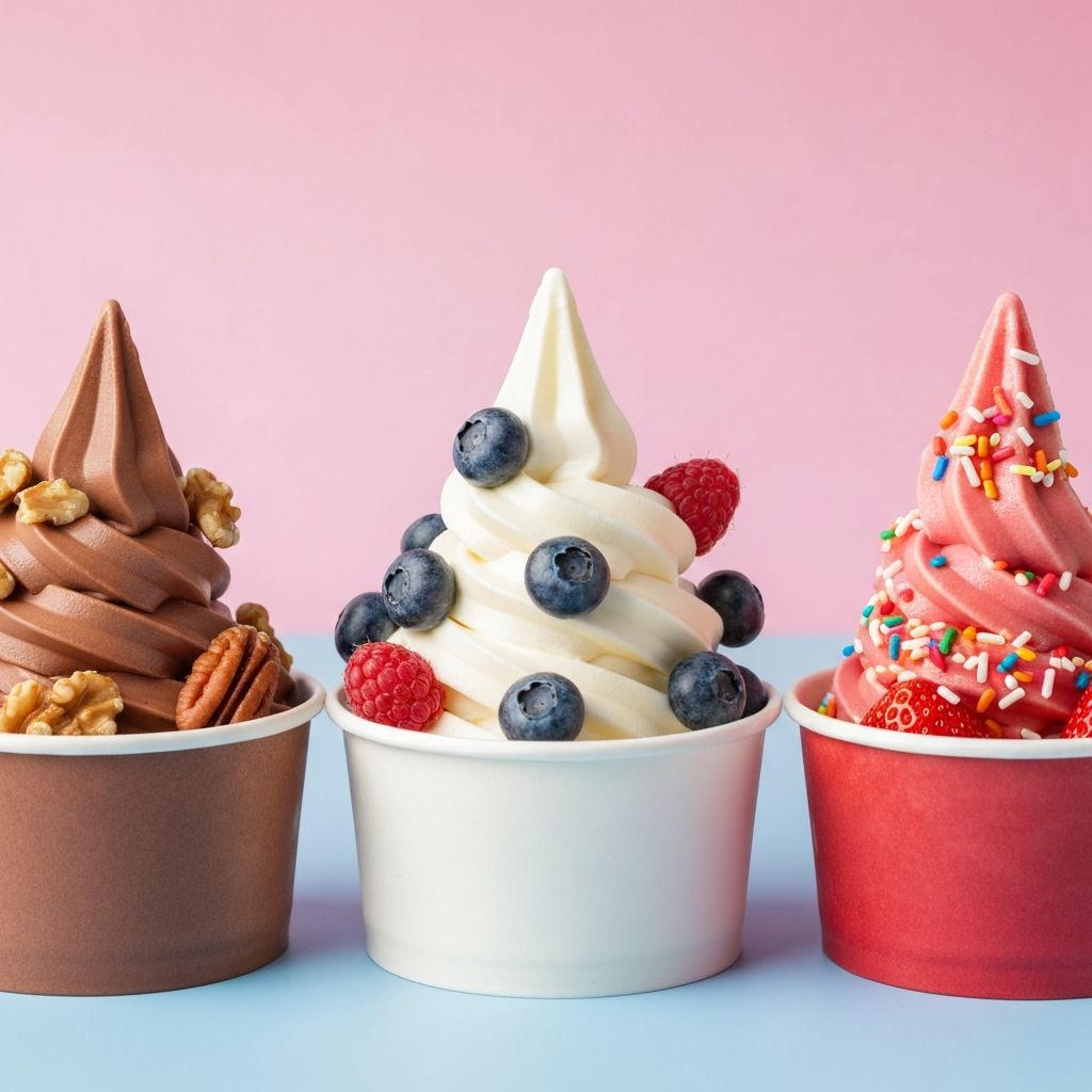 Three different frozen yogurt cups with unique toppings